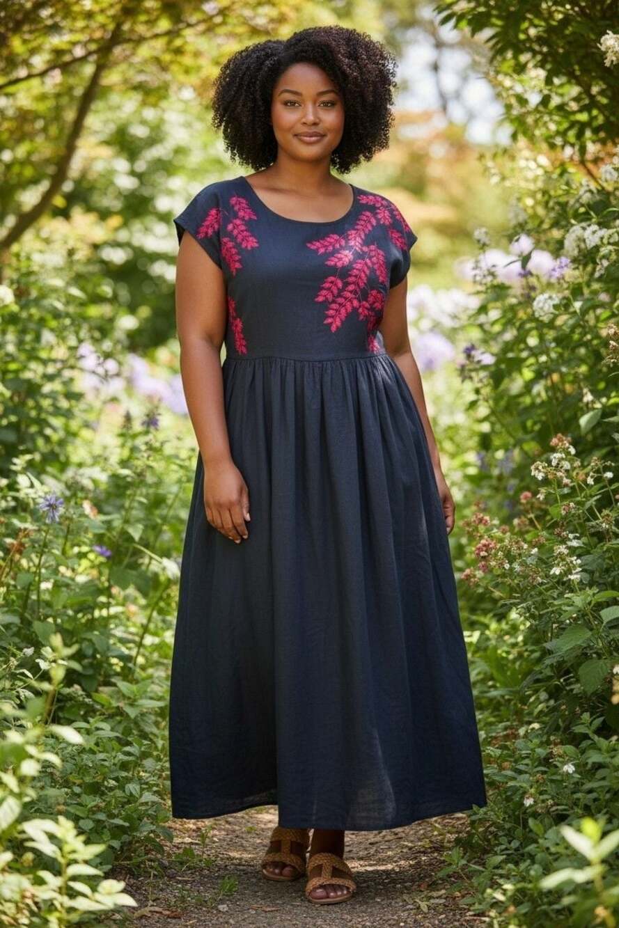 eShakti Custom Black Cotton Midi Dress with Red Floral Embroidery